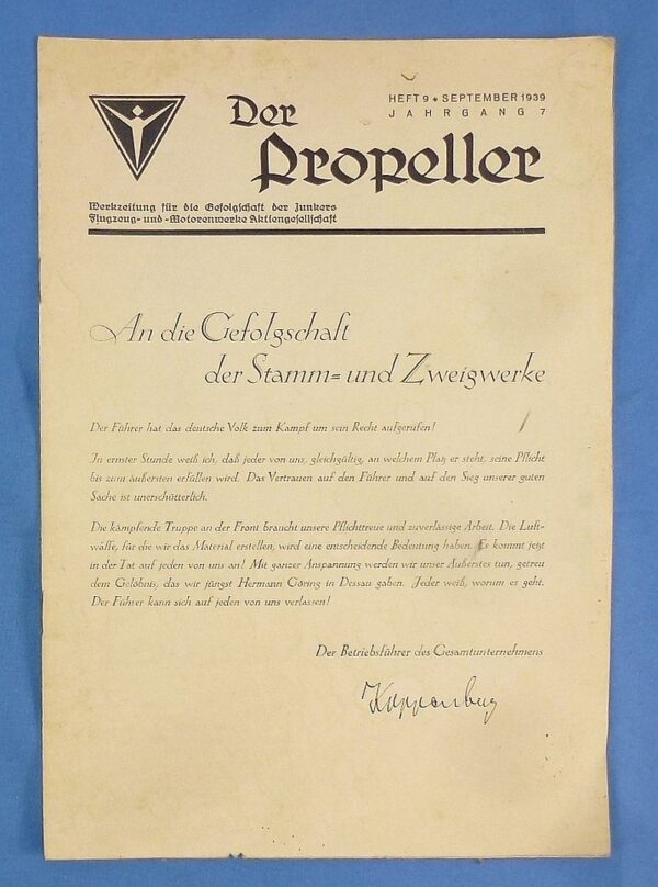 1939 Issue of "Der Propeller", the Magazine of the Junker Aircraft Company