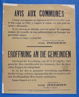 WWI German Poster Notifying French Communities of the Confiscation of Hay