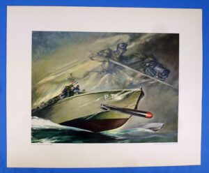 Large WWII Electric Boat Company U.S. Navy Combat Action Print: P.T. Boat with Ghostly Mounted Knight