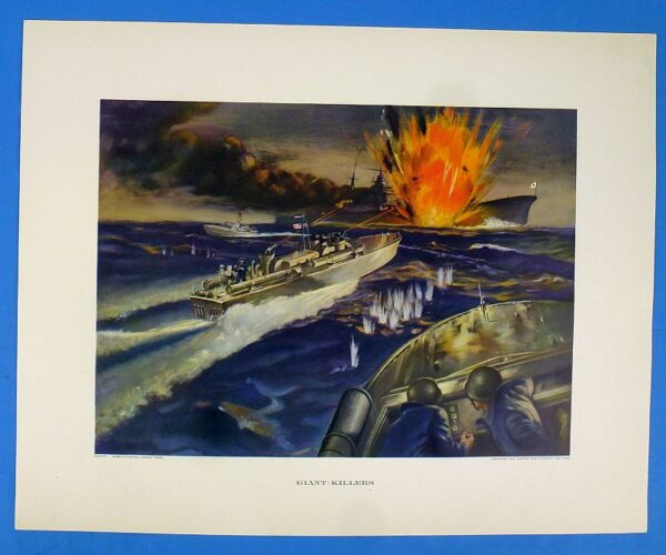 Large WWII Electric Boat Company U.S. Navy Combat Action Print: "Giant Killers"
