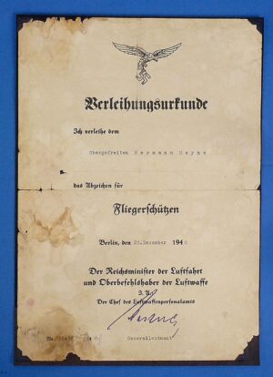 1940 Award Document for the Luftwaffe Air Gunner Badge
