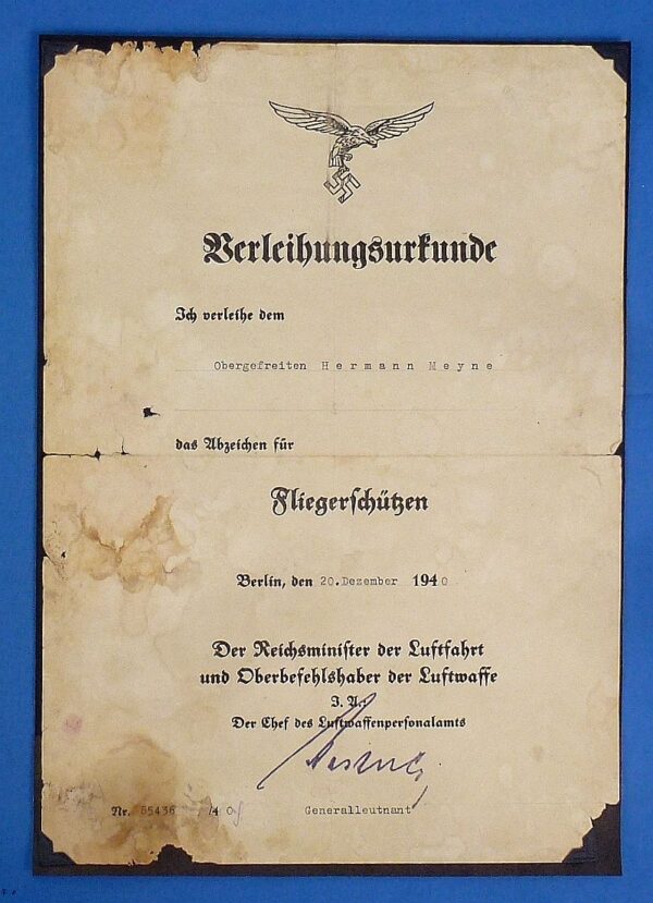 1940 Award Document for the Luftwaffe Air Gunner Badge