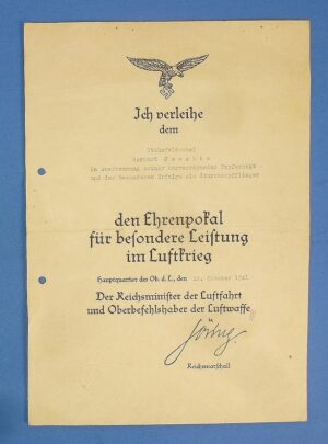 Large 1941 Award Document for the Luftwaffe Ehrenpokal Honor Goblet to a Stuka Dive Bomber Pilot