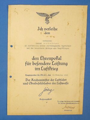 Large 1943 Award Document for the Luftwaffe Ehrenpokal Honor Goblet - Combat Pilot