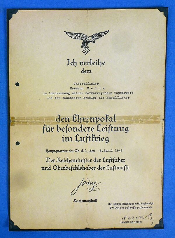 Luftwaffe Documents and Autograph Group with an Ehrenpokal Honor Goblet Award Document - Image 2