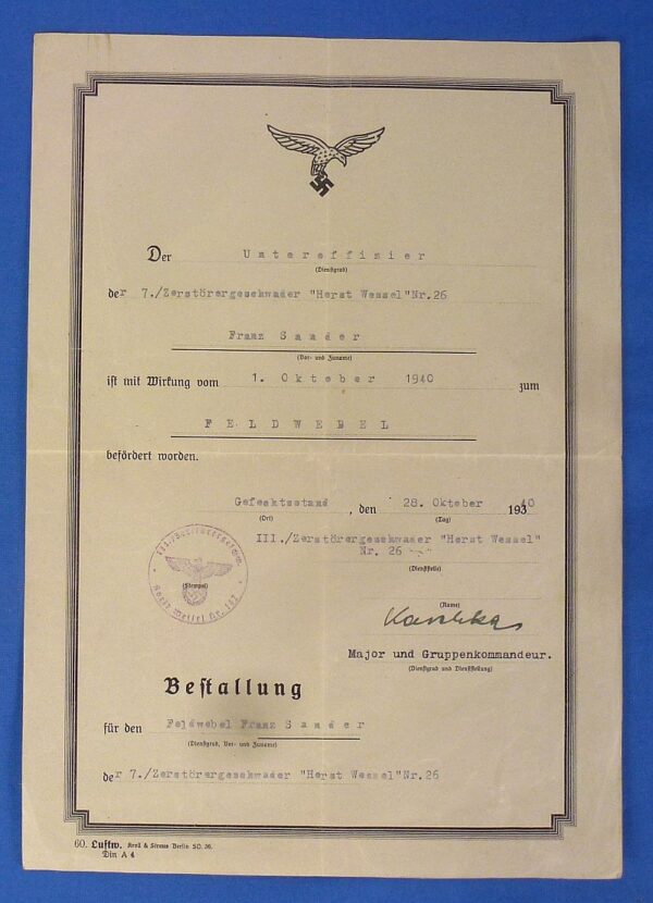 Luftwaffe Battle of Britain Fighter Ace Award Documents and Photographs Group of a Fighter Pilot of the "Horst Wessel" Squadron - POW Canada - Image 4