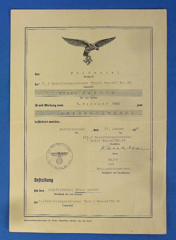 Luftwaffe Battle of Britain Fighter Ace Award Documents and Photographs Group of a Fighter Pilot of the "Horst Wessel" Squadron - POW Canada - Image 5
