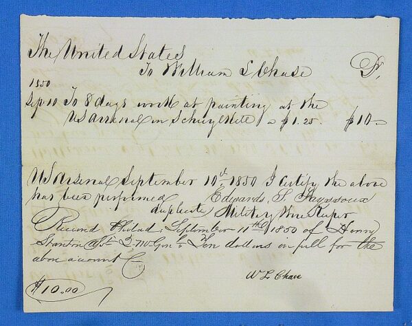 1850 Receipt for Payment for Work at the Schuylkill Arsenal