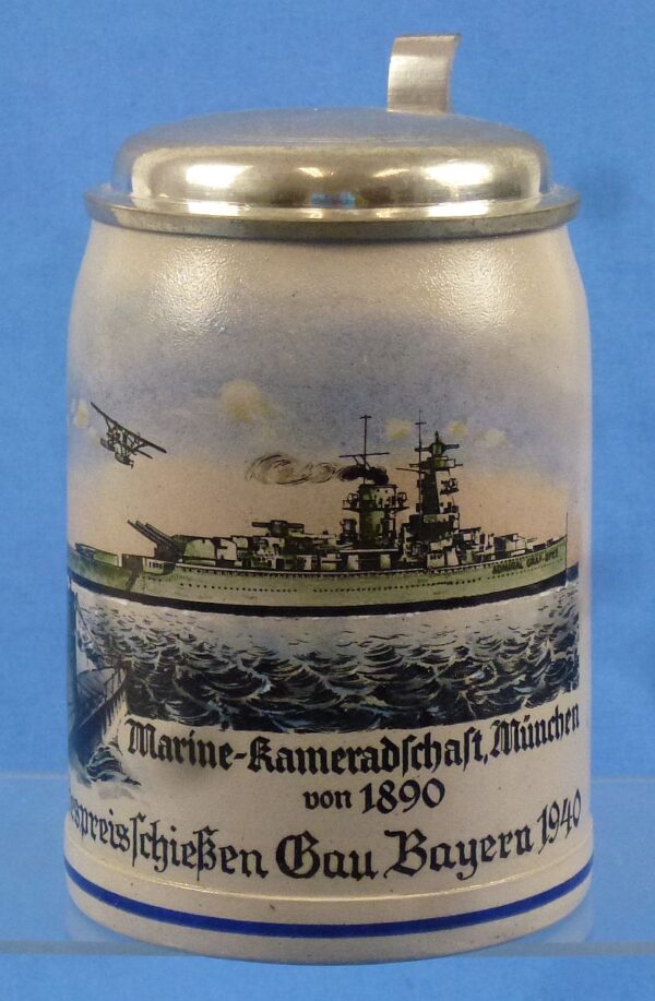1940 Gau Bayern State Shooting Prize Stein with a U-Boat and the German Cruiser Graf Spee