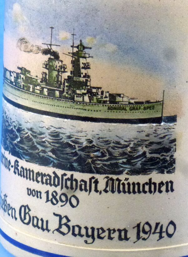 1940 Gau Bayern State Shooting Prize Stein with a U-Boat and the German Cruiser Graf Spee - Image 3