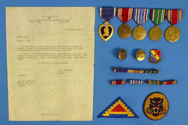 WWII Identified Numbered Purple Heart Tank Destroyer Group with Award Document