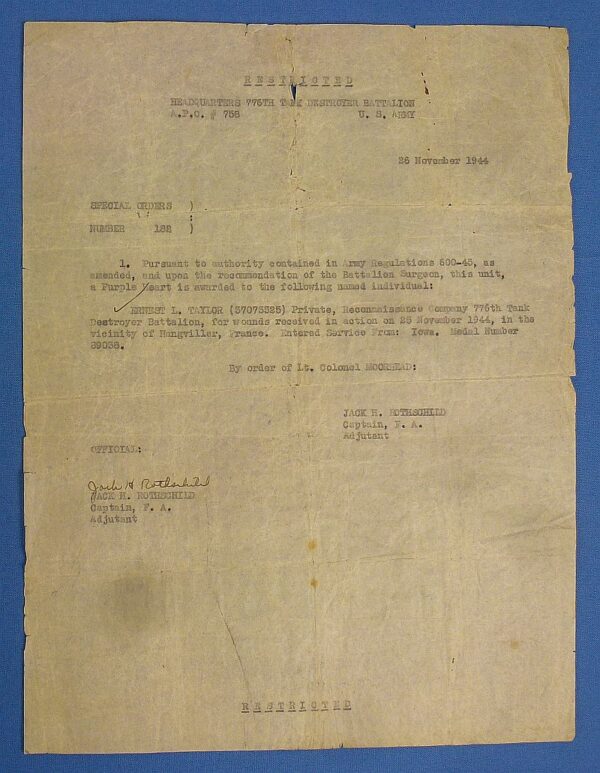 WWII Identified Numbered Purple Heart Tank Destroyer Group with Award Document - Image 5