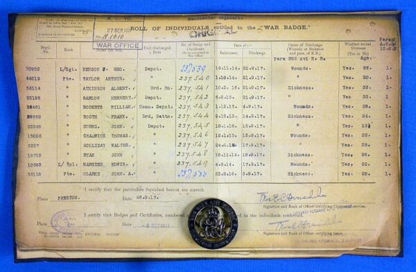 Identified Numbered British WWI Honorable Discharge for Wounds Badge