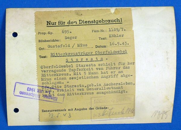 Official WWII German Photograph: Oberfeldwebel Staresta Receives the Knight's Cross - Image 3