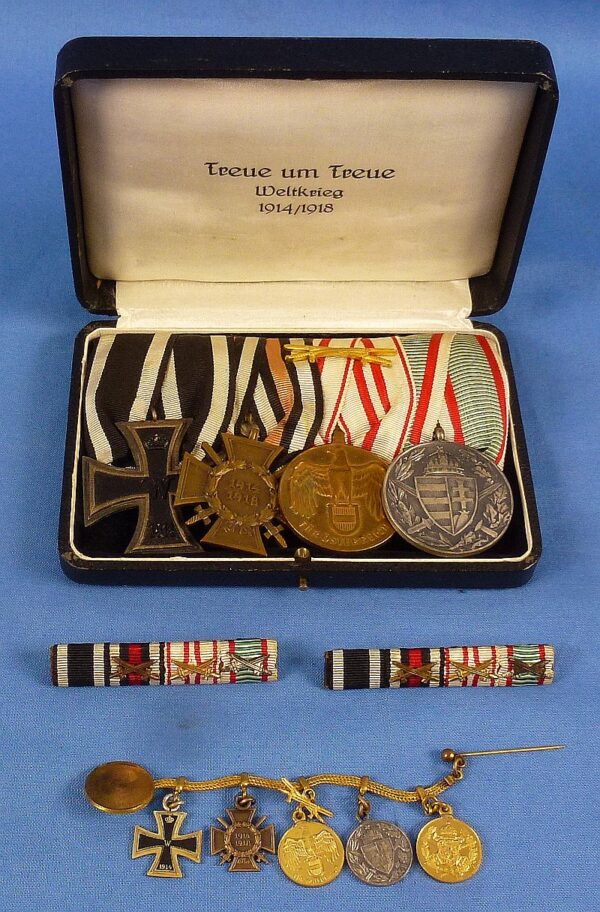 Cased Imperial German 4 Place Medals Bar with Ribbon Bars and Miniatures