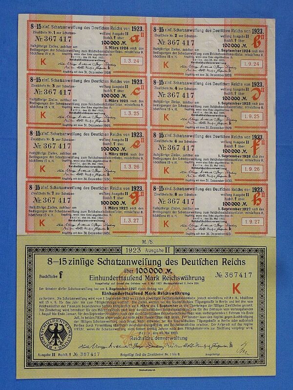 1927 100,000 Marks Weimar Government Interest Bearing Bond