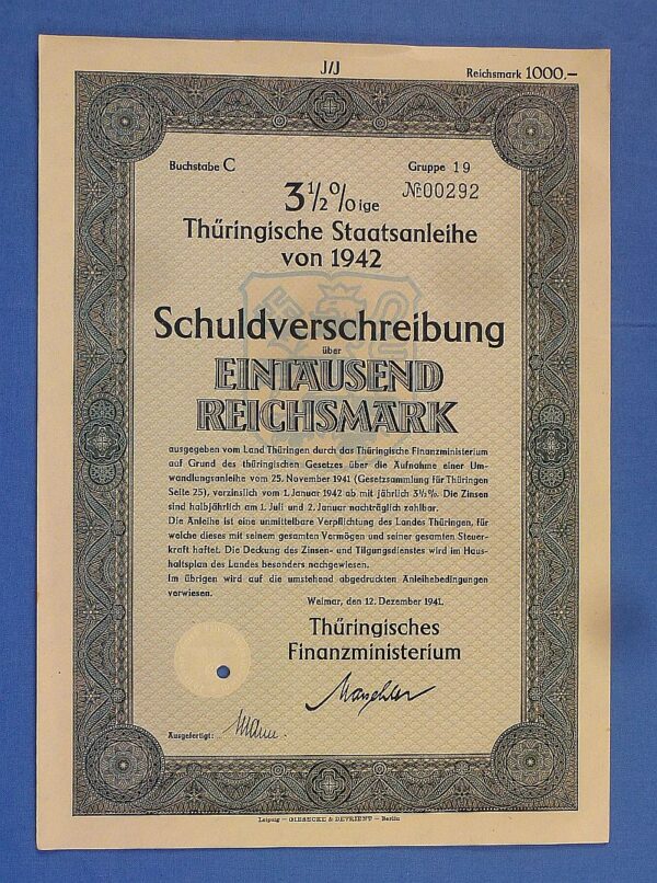 1941 Third Reich 1,000 Mark Government Bond