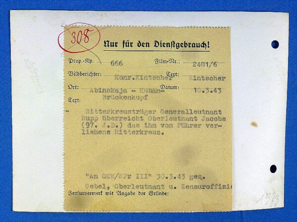 Official WWII German Photograph: Generalleutnant Ernst Rupp Presents the Knight's Cross to Oberleutnant Jacobs - Image 2