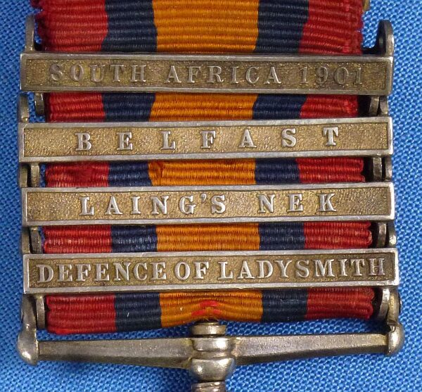 British Queen's South Africa Medal with Bars "South Africa 1901"; Belfast"; "Laing's Neck"; and "Defence of Ladysmith" - Image 3