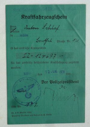 Third Reich Motor Vehicle Registration Document