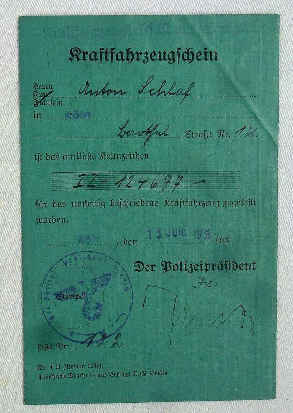 Third Reich Motor Vehicle Registration Document