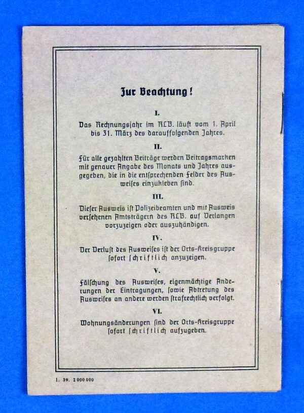 Reichsluftschutzbund Membership Booklet - Image 3