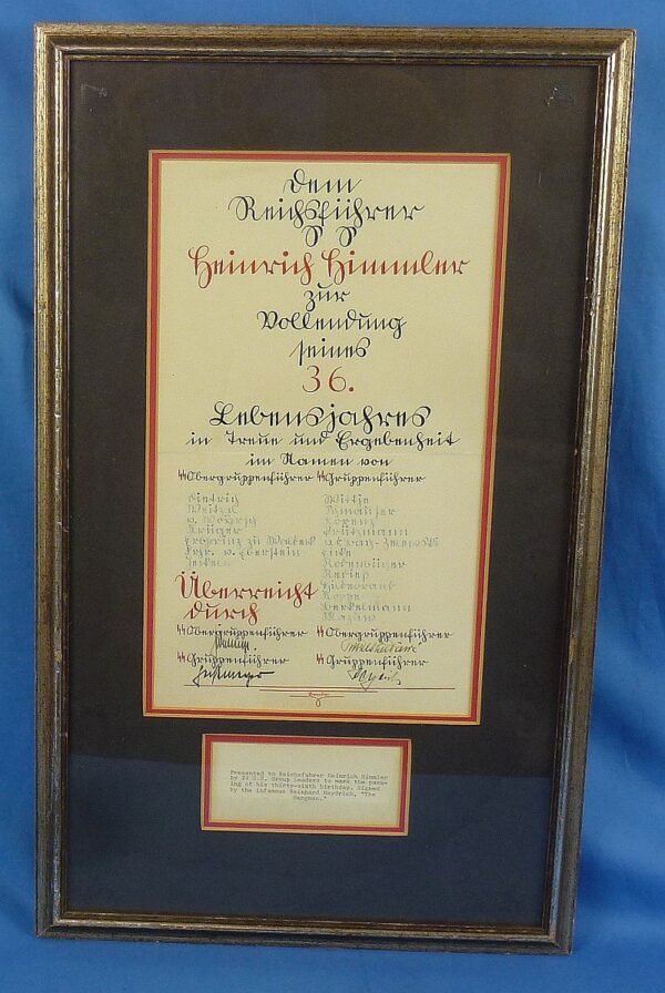 Large 1936 Birthday Presentation Document to Heinrich Himmler Signed by Reinhard Heydrich