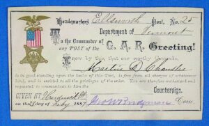 1887 GAR Department of Vermont Good Standing Certificate