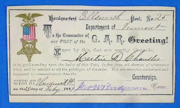1887 GAR Department of Vermont Good Standing Certificate