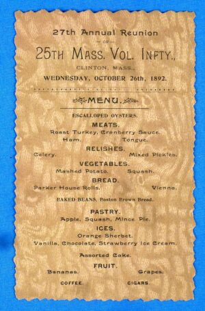 1892 Dinner Menu for the 27th Massachusetts Volunteer Infantry Reunion