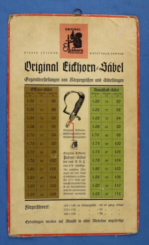 Third Reich Eickhorn Sword Length Reference Card for Sword Retailers