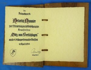 A Hand Crafted 1944 Document for Heinrich Himmler Commemorates the Presentation of the "Gotz von Berlichingen" Division Cufftitle
