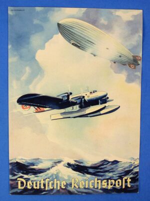 Large Third Reich Reichspost Telegram with Zeppelin and Seaplane