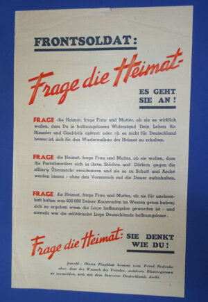 WWII Allied Propaganda Leaflet "Frange die Heimat" Dropped on Germans / 5 1/4" x 8 1/2"