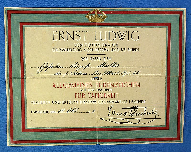 1918 Hesse-Darmstadt Silver Bravery Medal with Award Document - Image 2