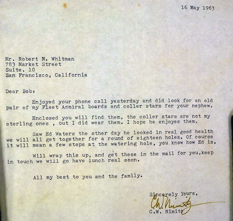 Signed Letter and Rank Insignia of U.S. Navy Fleet Admiral Chester W. Nimitz - Image 2
