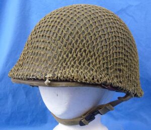 WWII Front Seam Fixed Bale Officer's M1 Combat Helmet with Camouflage Net and Hawley Liner