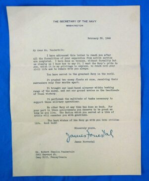1946 Secretary of the Navy James Forrestal Signed Gratitude Letter to a U.S. Navy Veteran