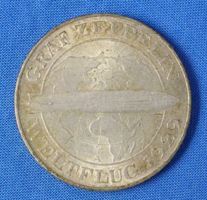 1930 German 5 Reichsmark Silver Coin Commemorating the World Flight of the Graf Zeppelin Airship