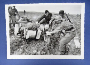 WWII German Photo SS Troops Pulling Motorcycle Through Mud