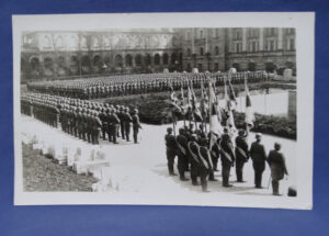 WWII German Photo Postcard Troops In Formation With Flags