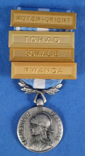 French Overseas Medal with Bars "Moyen-Orient" (Middle East), "Tchad" (Chad), "Somalie" (Somalia), and "Rwanda"