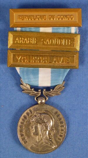 French Overseas Medal with Bars "République du Congo" (Republic of Congo), "Arabie Saoudite" (Saudi Arabia), and "Yougoslavie" (Yugoslavia)