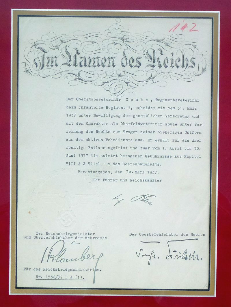 1937 German Army Retirement Document Signed by Adolf Hitler, Von Blomberg and Von Fritsch - Image 2