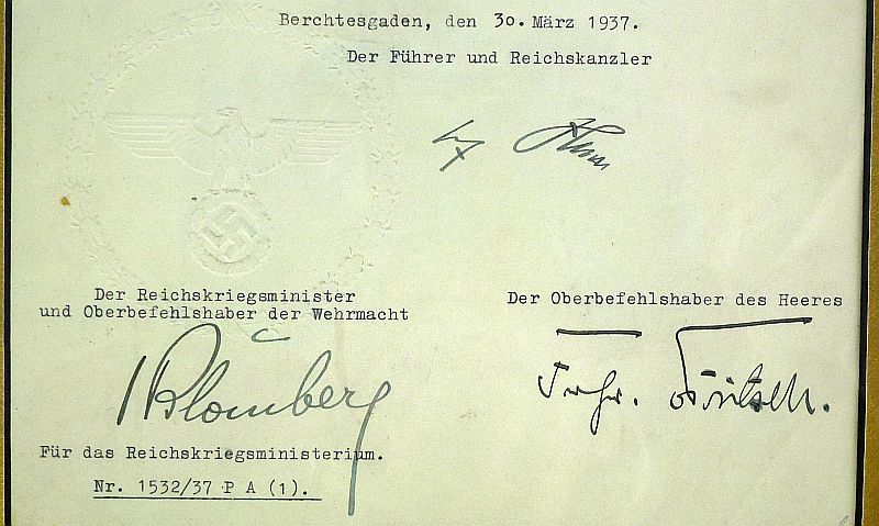 1937 German Army Retirement Document Signed by Adolf Hitler, Von Blomberg and Von Fritsch - Image 4