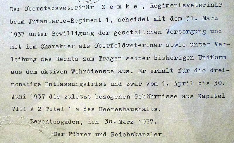1937 German Army Retirement Document Signed by Adolf Hitler, Von Blomberg and Von Fritsch - Image 3