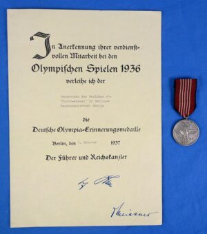 1936 Olympic Games Medal with Award Document to the Berlin Fire Brigade "Horst Wessel"