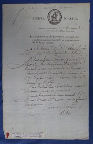 1799 Letter From French President of the National Convention Pierre Antoine Laloy Regarding Revolutionary Matters