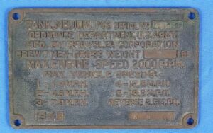 1942 M3 Medium Tank Data Plaque