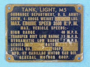 1942 Dated M5 Stuart Light Tank Data Plaque